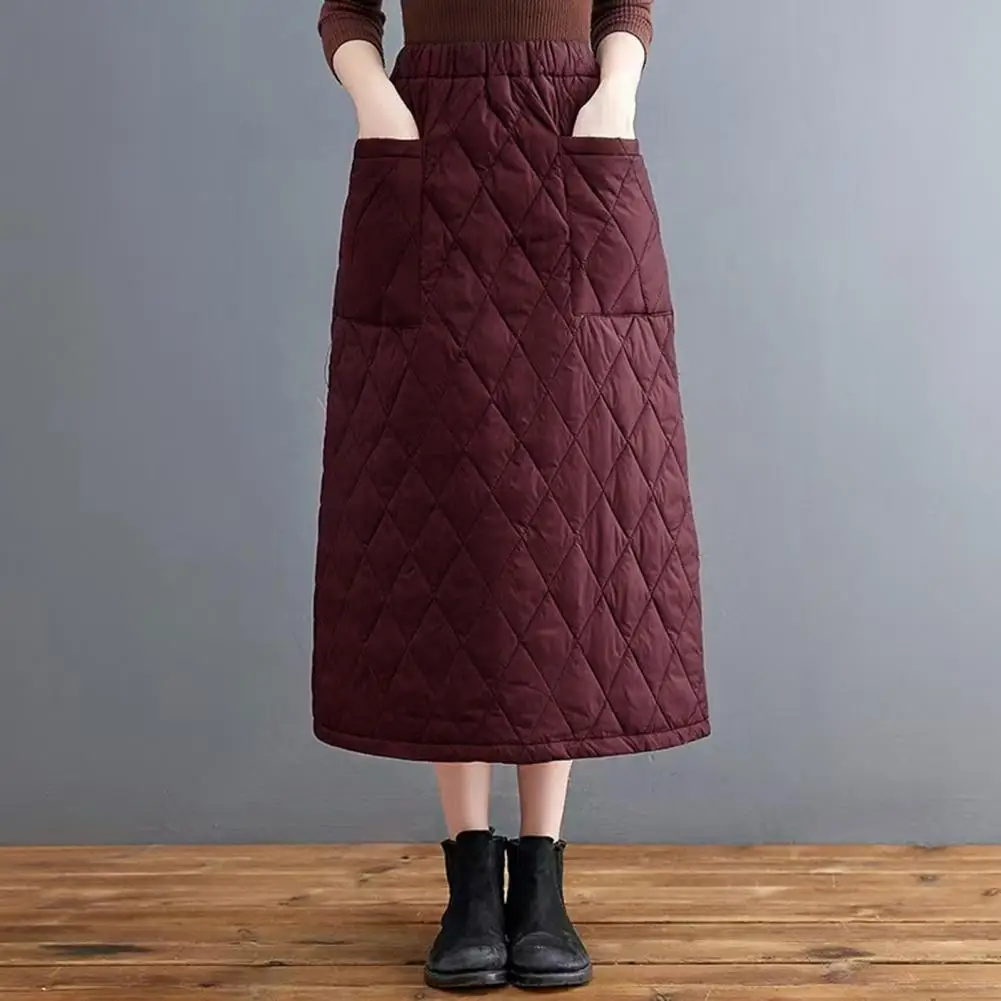 Winter High-Waisted Thickened Cotton Skirt Plus Size Extra Length Windproof Warm Down Cotton Dress A- Line Button Skirt