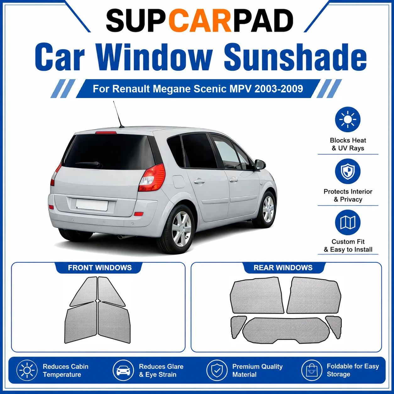 For Renault - Renault Megane Scenic MPV 2003-2009 Full Set Car Window Sunshades UV Block Privacy Heat Insulated Foldable Car Cur