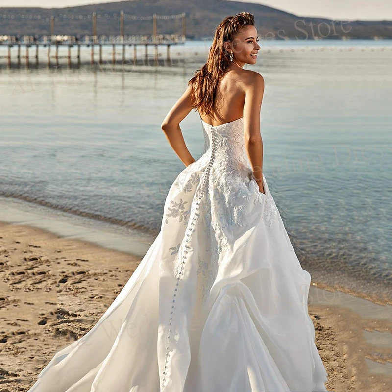 Bella principessa A Line abiti da sposa con tasca Sweetheart Modern Backless Bride Gowns Appliques di pizzo Vestidos De Novias