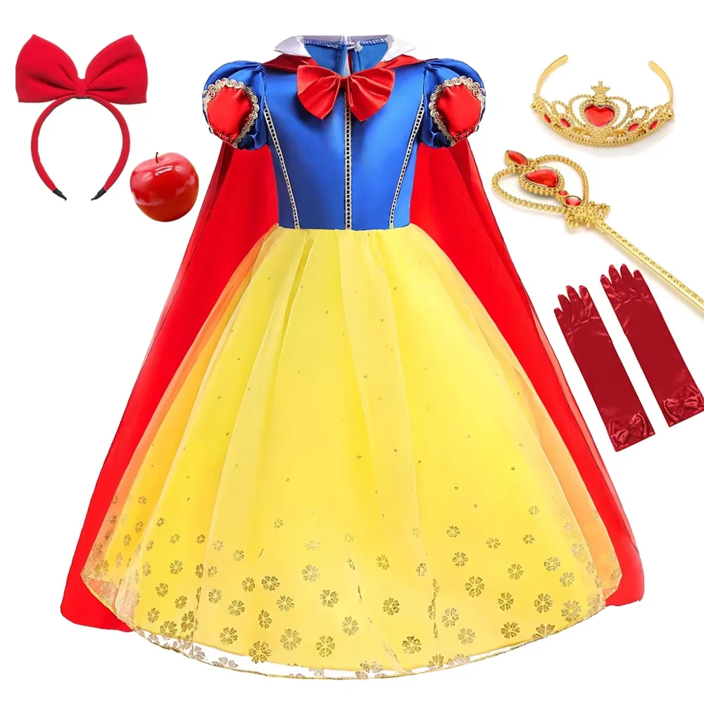 Deluxe Princess Snow White Gown with Cape Girls Fairy Kids Cosplay Costume Toddler Carnival Apparel Halloween Dress up