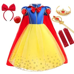 Summer Deluxe Princess Snow White Gown with Cape Girls Fairy Kids Cosplay Costume Toddler Carnival Apparel Halloween Dress up