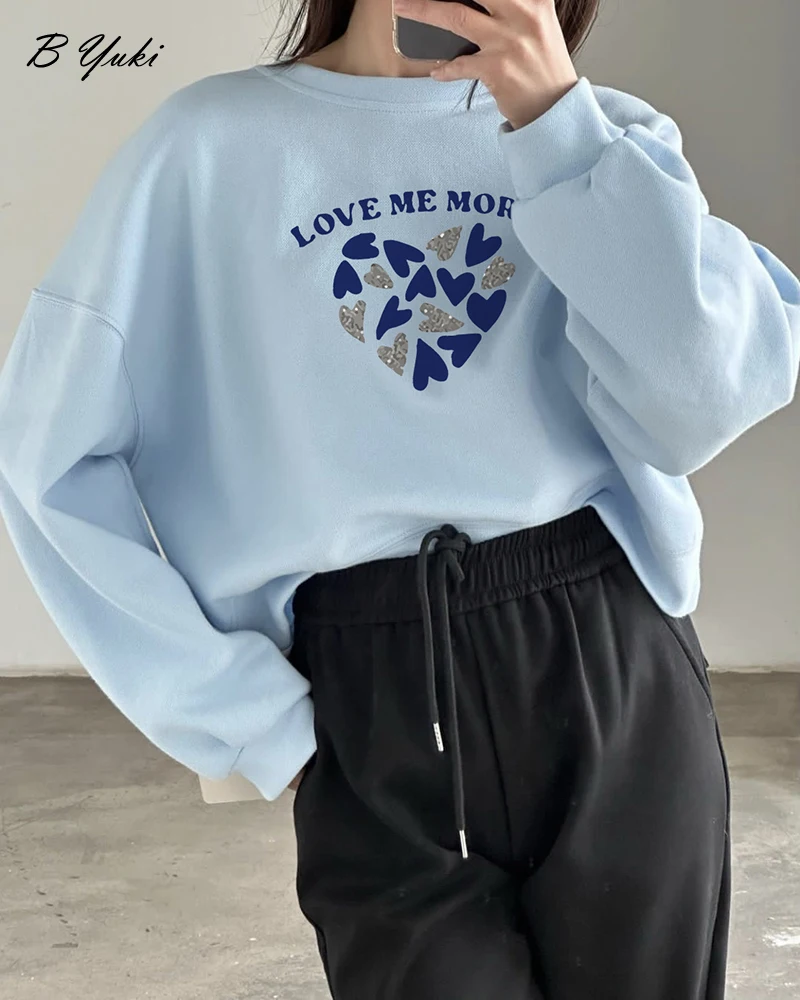 Blessyuki Cute Love Letter Print Hoodies for Women Autumn Cotton Couple Clothes Vintage Sweatshirt Pullover Female Oversized Top