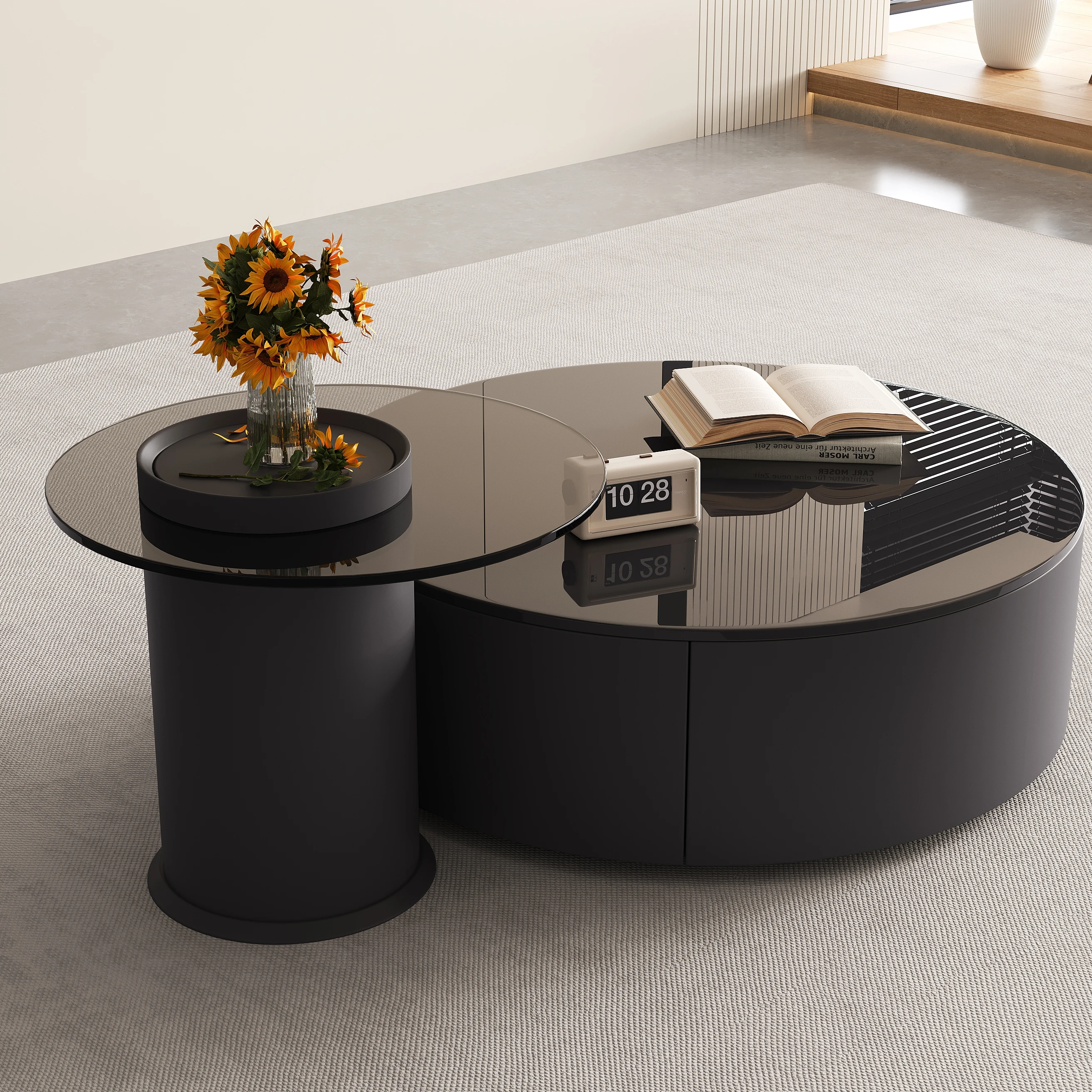 

Chinese Factory Black Modern Round Coffee Table Living Room Coffee Table Glass Coffee Table