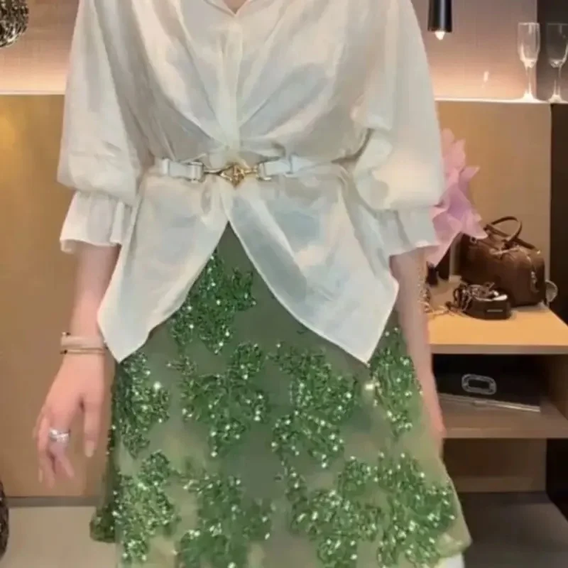 New Fashion Sequin Beaded Mesh Skirt Women Vintage Summer Flowers High Waist Short Skirt High Quality Runway Green Mini Jupe