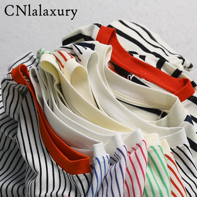 CNlalaxury 2024 New Fashion O-Neck Pullover Short Sleeve T-shirt Women\'s Casual Stripe Summer Versatile Women\'s Top