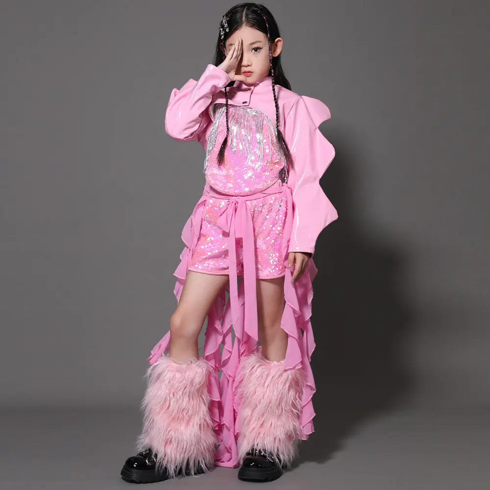 2026 Bambini Costumi di danza jazz per ragazze Gruppo Rosa Paillettes Kpop Abiti Sala da ballo Hip Hop Abiti per spettacoli di danza XH3974