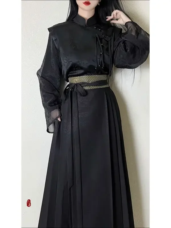 Haut de chemise à bouton de disque de tempérament de fouet imbibé pour femme, jupe taille haute vintage, visage de cheval, ensemble Hanfu chinois, automne, 2023, 2 pièces