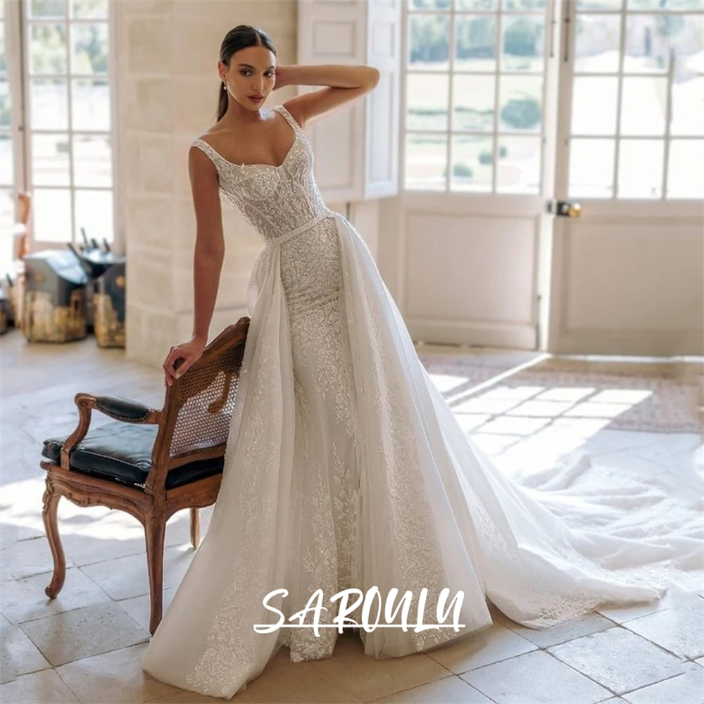

2in1 Detachable Train Luxury Wedding Dress for Women, Customized Spaghetti Straps Lace Long Bride Dresses, Graceful Bridal Gown