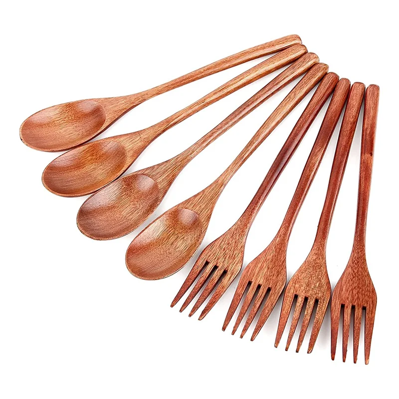 8Pcs Wooden Spoons Forks Set, Japanese Style Wooden Utensil Set, Handmade Kitchen Spoon, Reusable Travel Flatware Set B