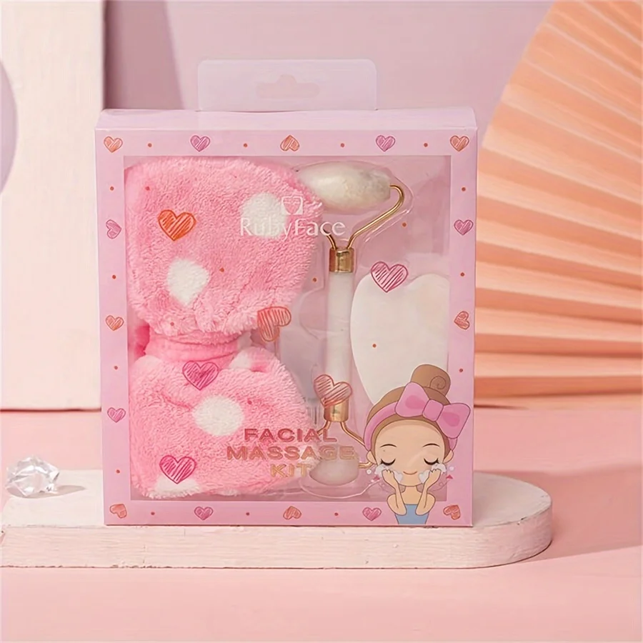 طقم أدوات تجميل مكون من 3 قطع مع صندوق هدايا وعصابة رأس سبا من اليشم وهدية تجميل للفتيات من Gua Sha Board #5