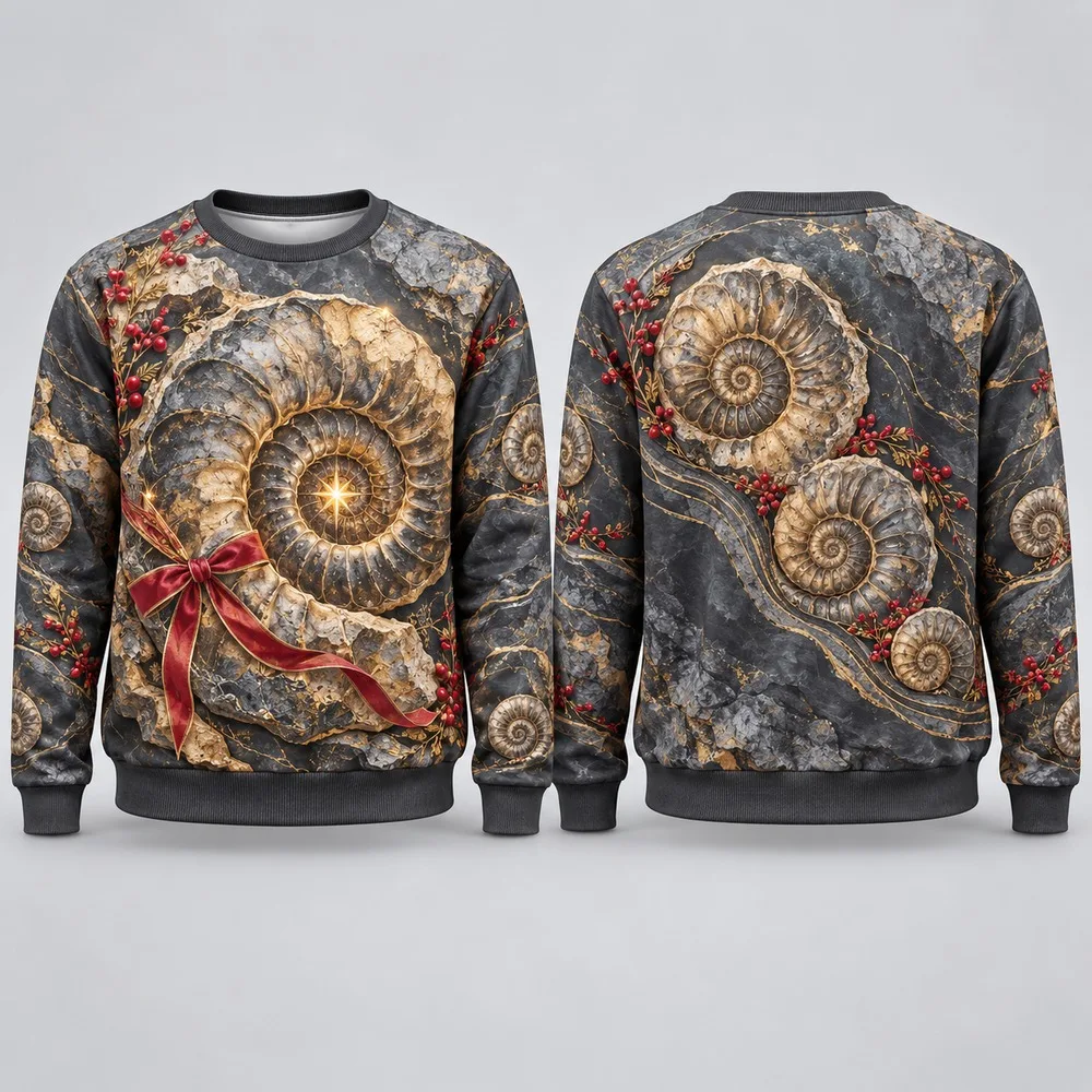 Funny Fossil Museum Ugly Christmas Sweater Featuring Ancient Shells and Rock Layers Study Inspired Sweaters for Winter Parties