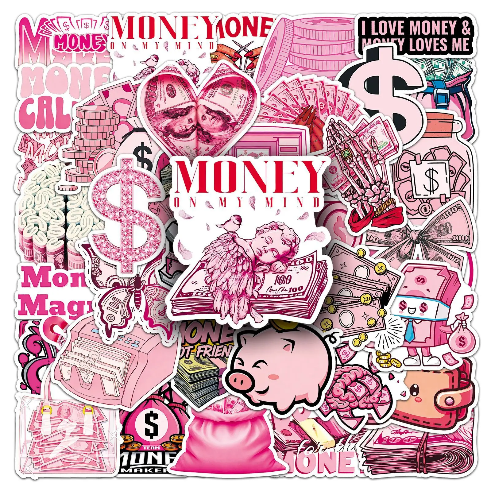 

50PCS Pink Money Aesthetic Stickers Cute Dollar Cash Graffiti DIY Decorative Diary Phone Case Waterproof Stickers Kids Toy