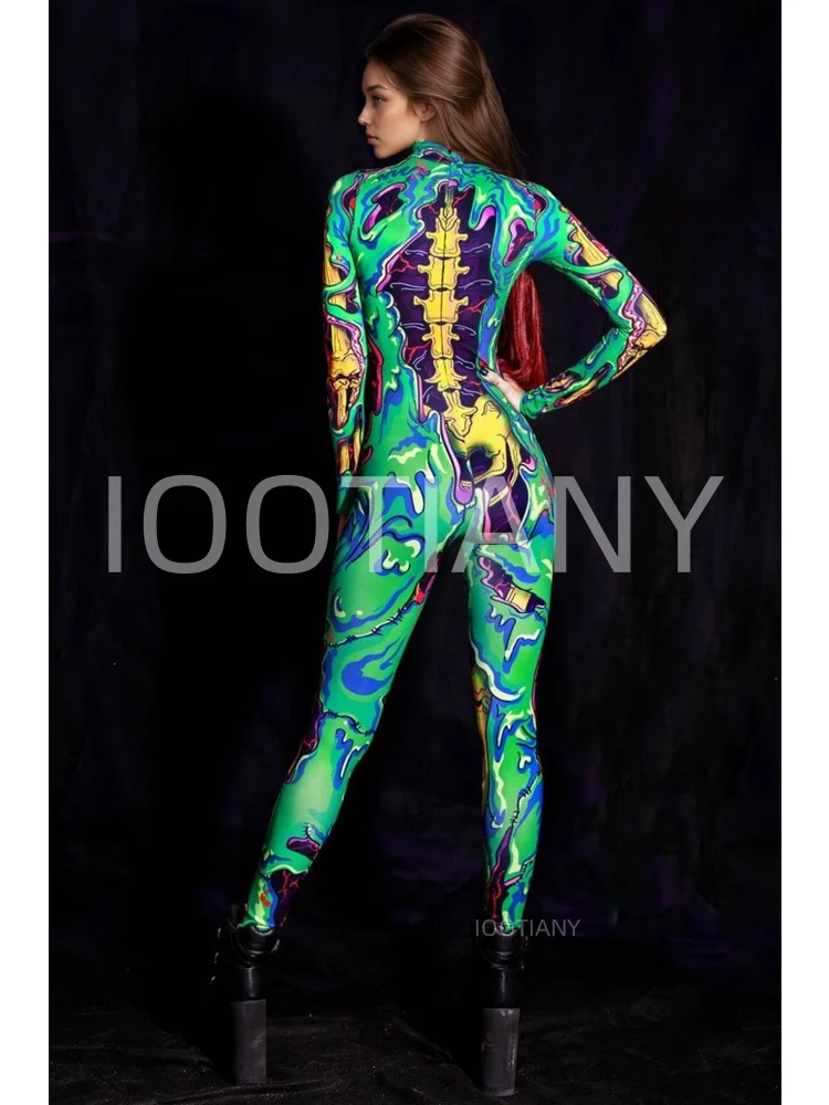 Damen-Party-Kostüm für Feiertage, Cyberpunk-Comic-Zombie-Bodysuit, Halloween, lustiges Cosplay-Skelett-Kostüm, Karneval, Stretch-Strumpfhose, Jumpsuit – Detail 8