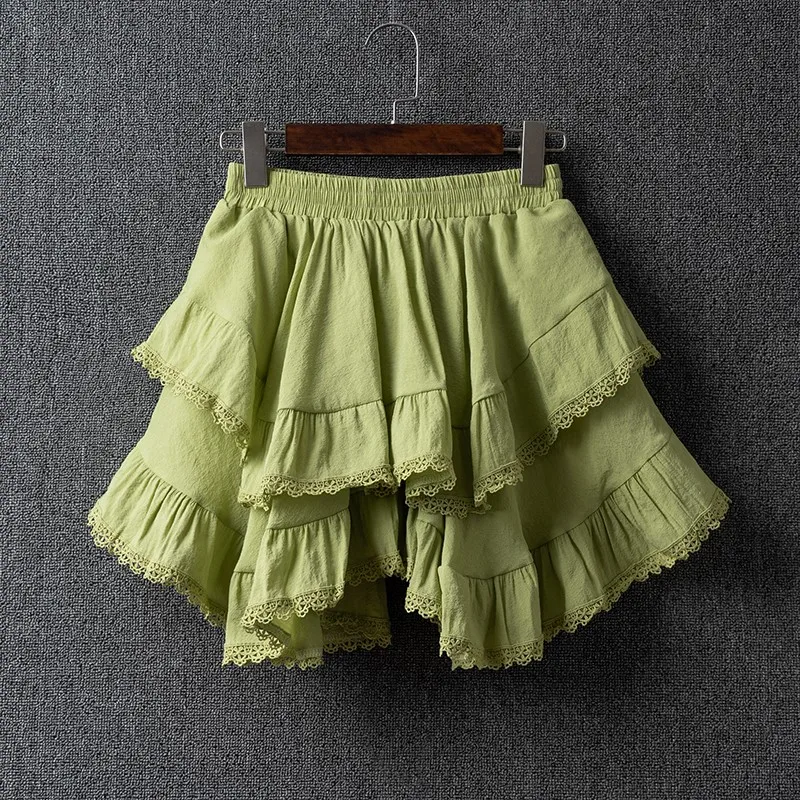 Summer Irregular Lace Round Cotton Linen Mini Skirt, High Waist Short Skirts For Women 2025