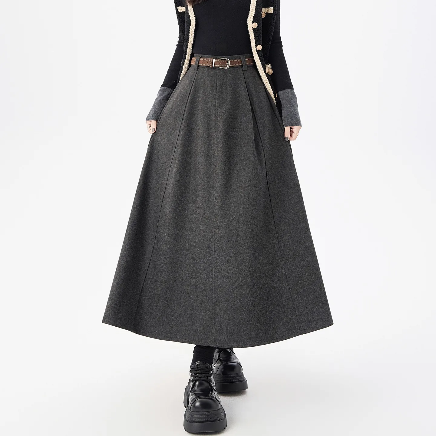 กระโปรงทรงเอ ผ้าวูล สำหรับผู้หญิง ฤดูใบไม้ร่วง ฤดูหนาว เอวสูง ทรงเอ ยาวปานกลาง กระโปรงทรงร่ม กระโปรงยาว
