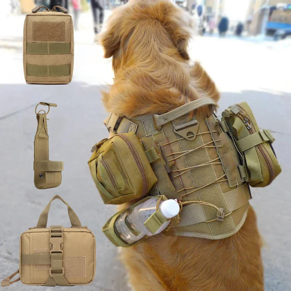 

3Pcs Dog Tactical Bags Attaching on Harness Vest 2Pcs Pouch Molles and 1 Belt Bottle Holder Waist Military Training Carrier