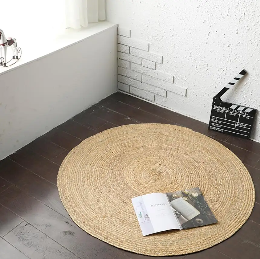 Round Woven Rush Grass Rugs Handmade Rattan Carpet for Bedroom Living Room Vintage Home Decor Floor Mat Chic Room Door Mat Tapis