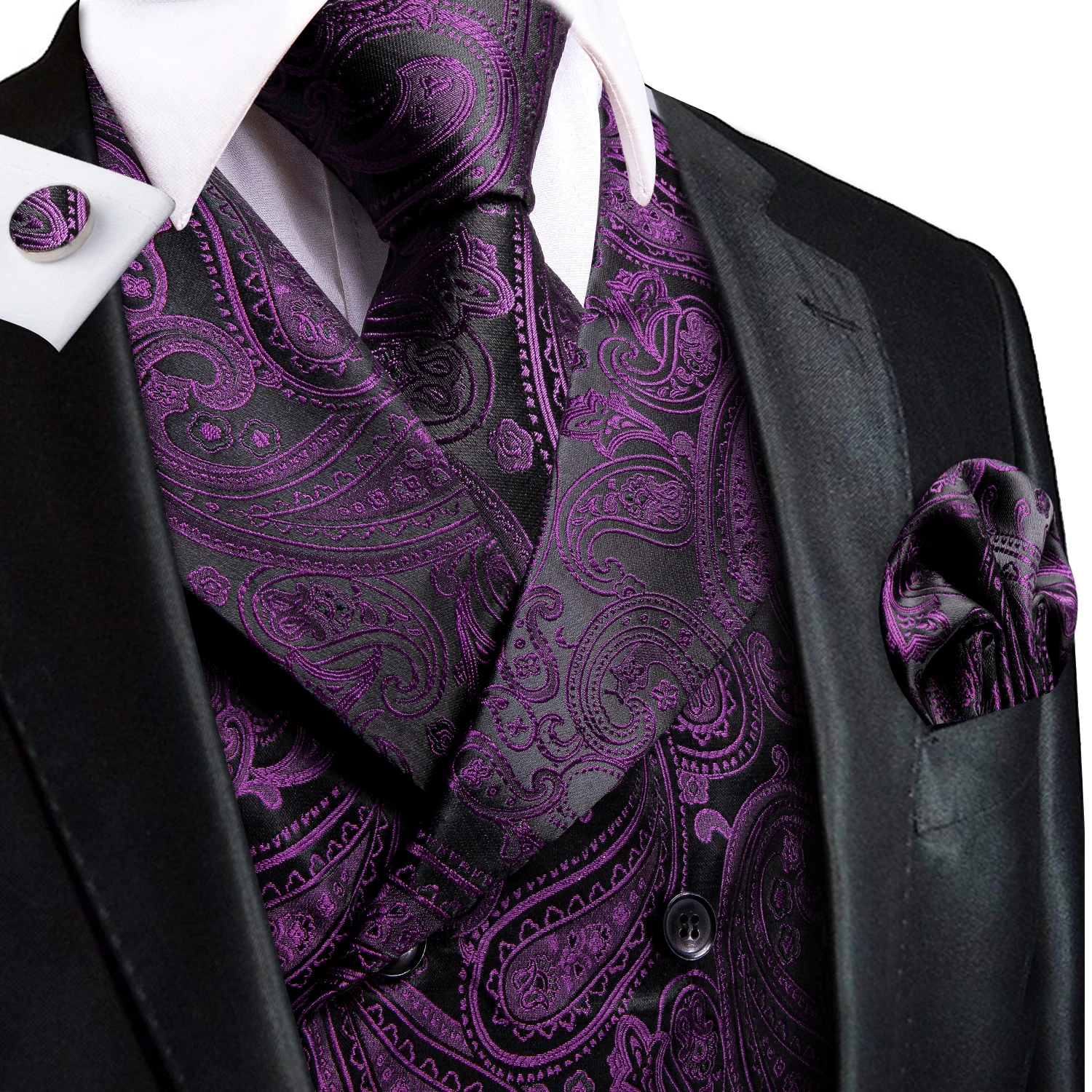 Chaleco Hi-Tie de color morado oscuro para hombre, chaleco elegante de seda Paisley Jacquard, chaqueta, corbata, pañuelo, gemelos para hombre, fiesta de negocios, Hi-Tie