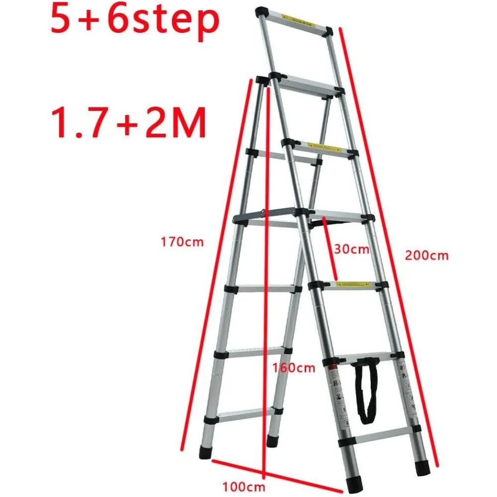 سلم متعرج خفيف الوزن بطول 5.34 قدم مع أقدام مطاطية وتمديد 5+6 خطوات لضبط الارتفاع #4