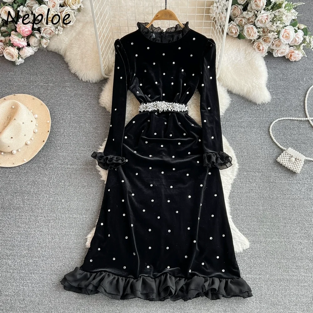 Neploe Elegant Flare Sleeves Vintage Stand Collar Chic Dot Print Rhinestone Slim Velvet Dress Korean High Street Clothing