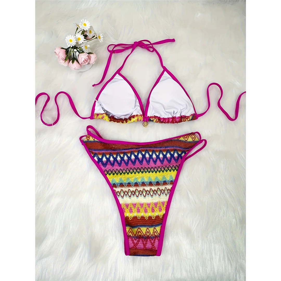 S - XL Bedruckter Neckholder-Bikini mit hohem Beinausschnitt, zweiteiliger Bikini-Set für Damen, Badeanzug, Badebekleidung, Badeanzug, Schwimmanzug V7307 – Detail 15