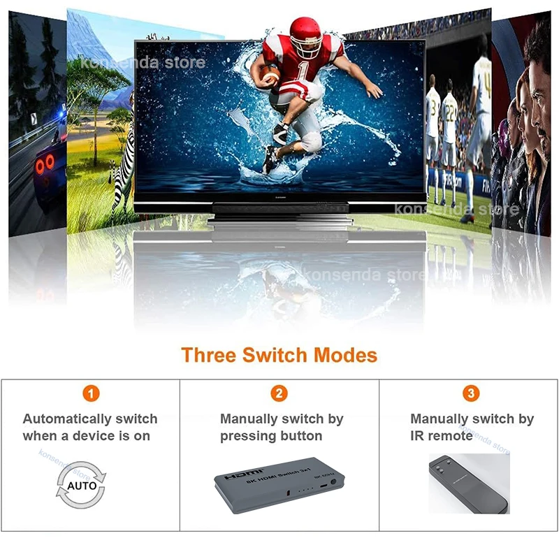 3-портовый автоматический переключатель HDMI 3 в 1, 8K при 60 Гц, 4K при 144 Гц, автоматический переключатель HDMI 3x1 с дистанционным управлением HDR для ПК, ТВ-монитора XBox