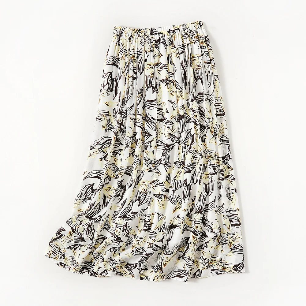 Winsleter-100%Silk Elegant Skirts, Elastic Waist Floral Print, Women Beach Vacation Party A-line Skirt, 2026 Spring New B61308CC