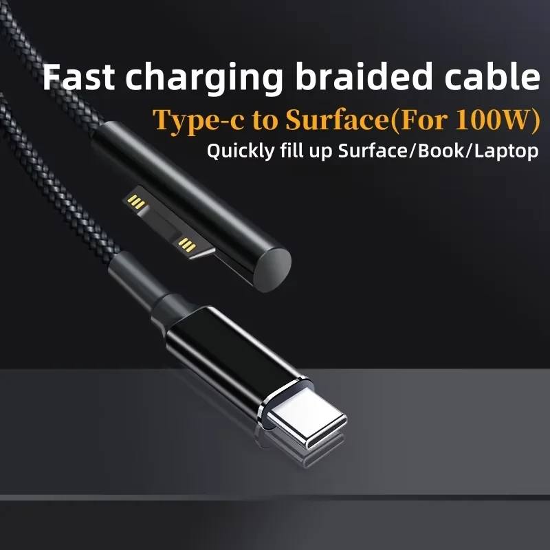 PD 100W USB-C to Microsoft Surface Charger Cable, Braided Power Delivery Cord for Surface Pro 7/8/9, Laptop Go, Book 3