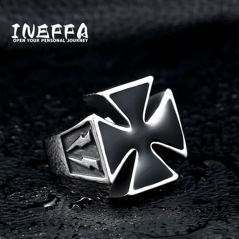 INEFFA 2023 Hot Selling Cross Stainless Steel Men Ring High Quality Titanium Steel Lightning Pattern Ring Men Jewelry Wholesale