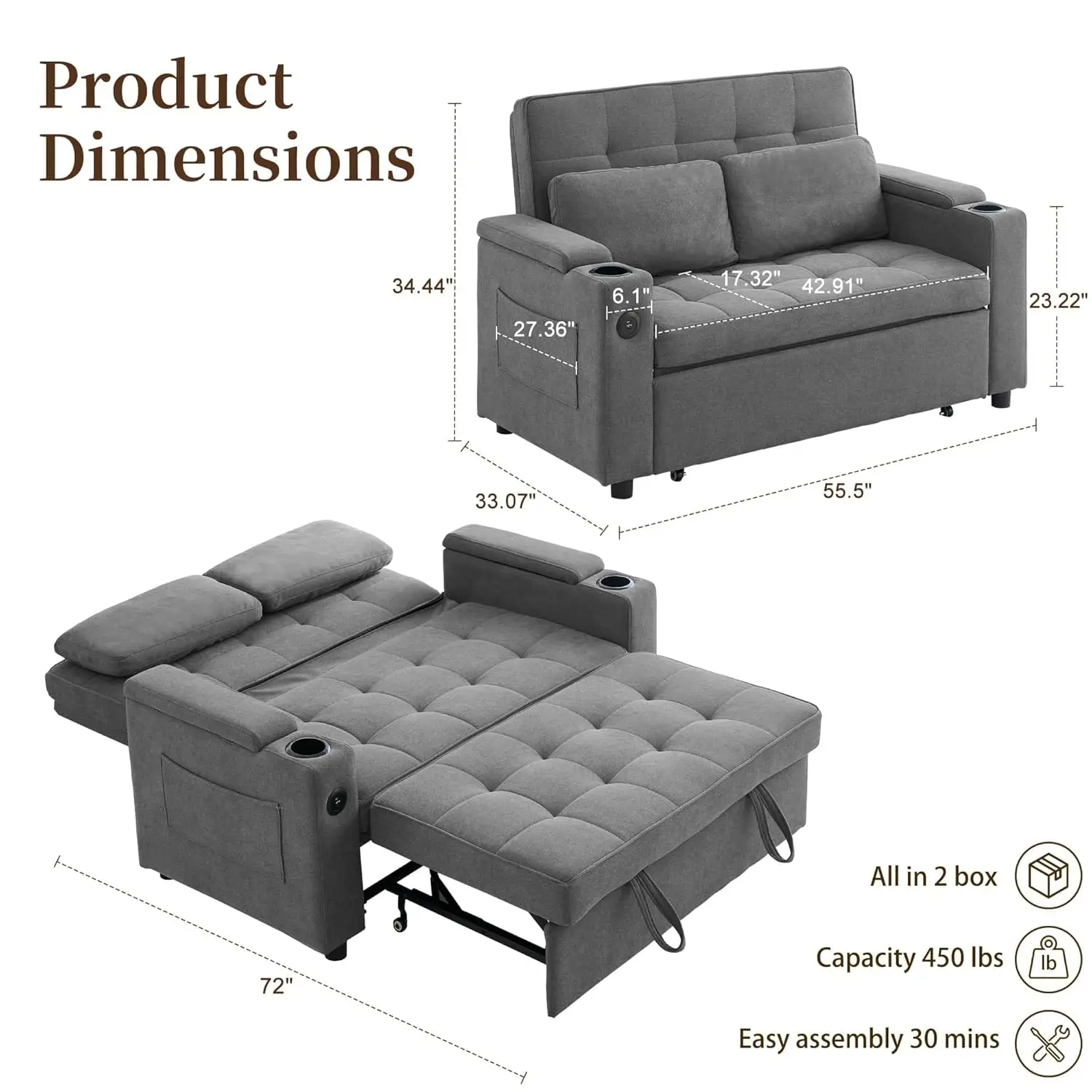 55.5'' 3-in-1 Convertible Sofa Bed with Pull Out & 5-Position Backrest, Loveseat Sleeper, Cup Holders, Chenille, Customized