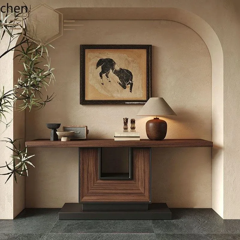 log wind entry foyer entrance end view desk hotel homestay hall solid wood table