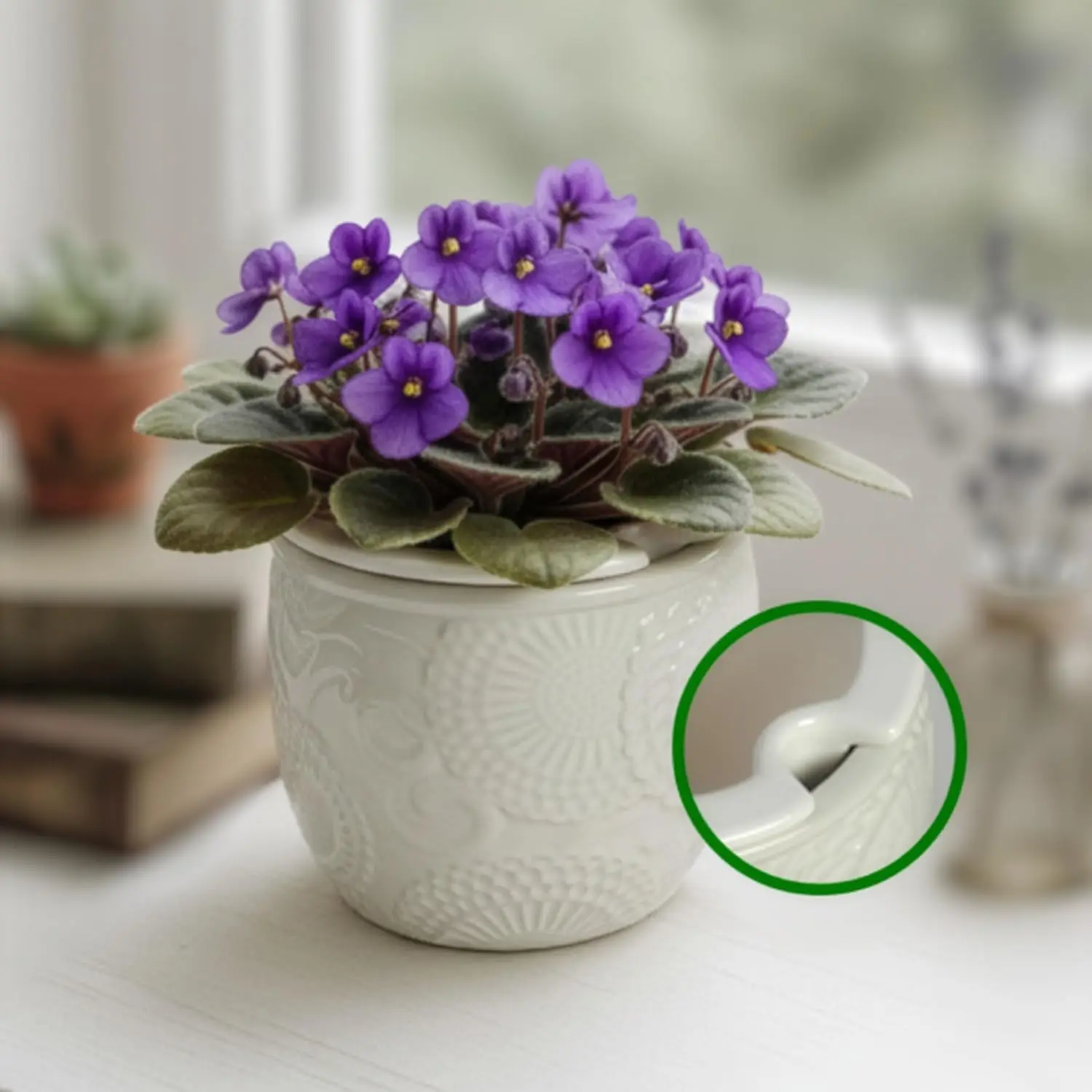 

6.5” Ceramic Self Watering African Violet Planter with Embossed Floral Design – Durable Indoor Plant Pot for Orchids,