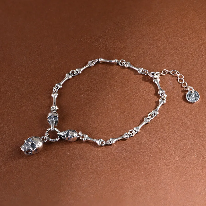 BOCAI New S925 Sterling Silver Jewelry Retro Personality Trendy Skull Bone Bracelet Selected Gifts for Men and Women
