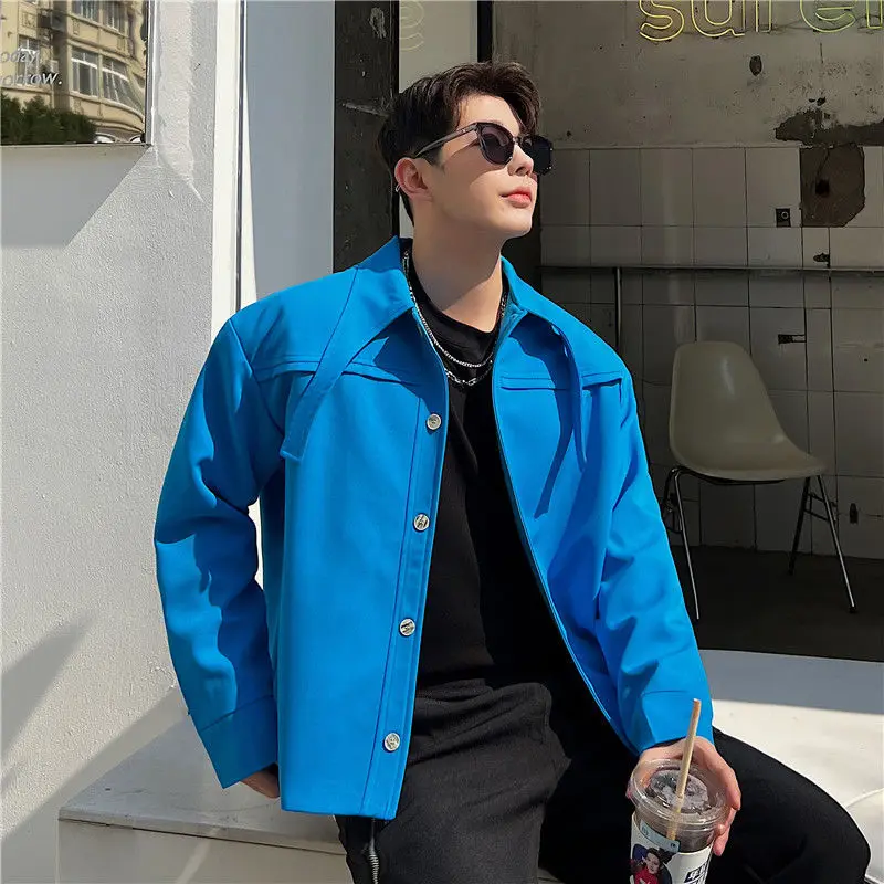 3-A63  High-end niche thin jacket men\'s short Korean version of early autumn Internetebrity rogue design Klein blue jacket trend