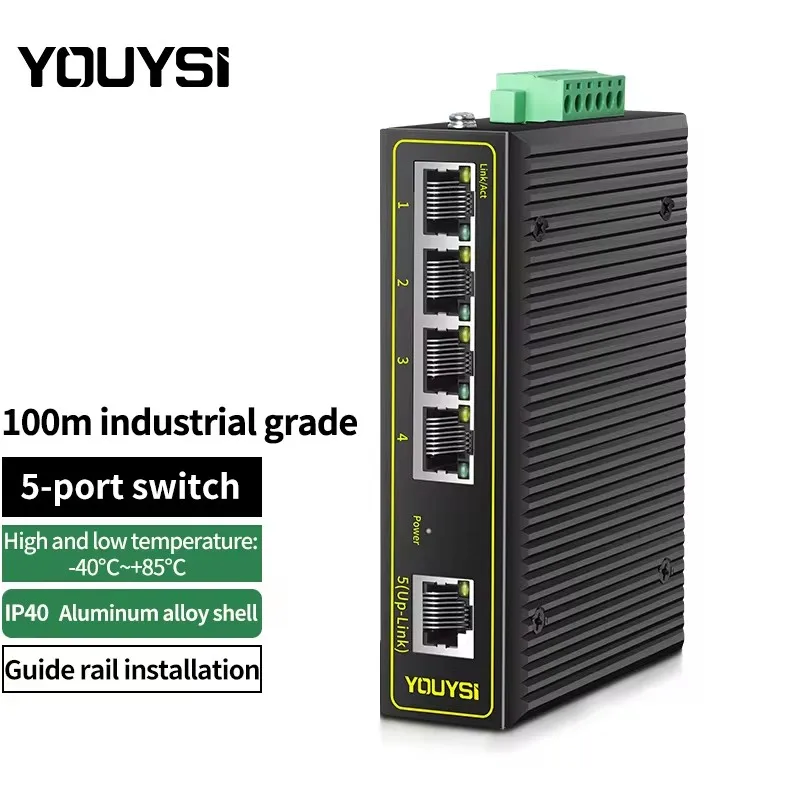 

YOUYSI Промышленный коммутатор Ethernet Fast Network 5-портовый 10/100Base-T DIN IP40 Открытый сетевой коммутатор