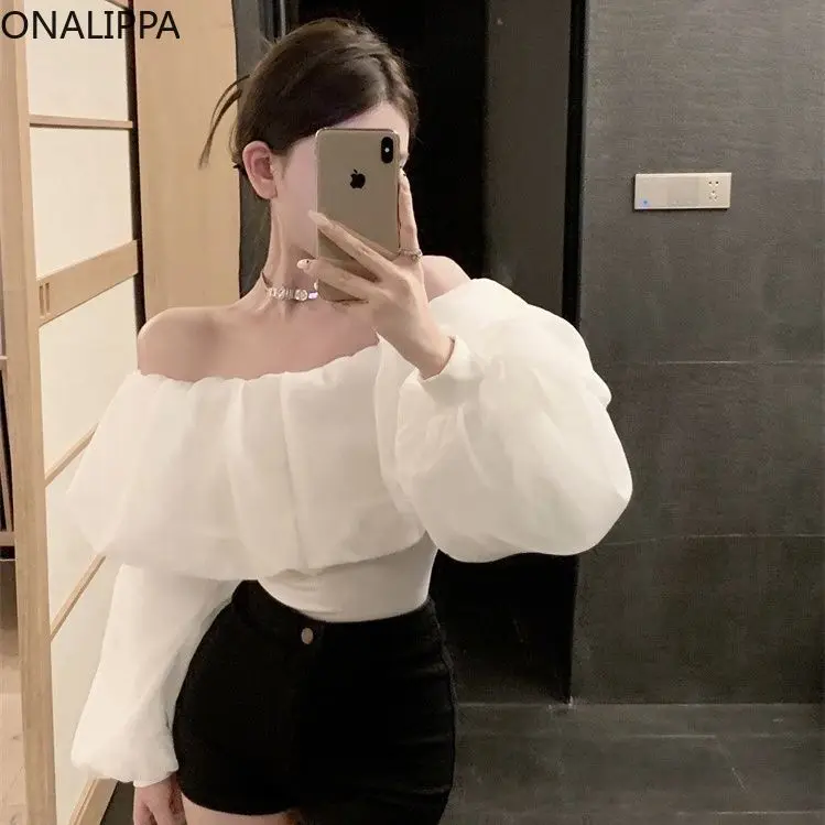 Onalippa Ruffles Lantern Sleeves Blouse Women Off-shoulder Slash Neck Knitted Elastic Shirts French Style Solid Color Pullover