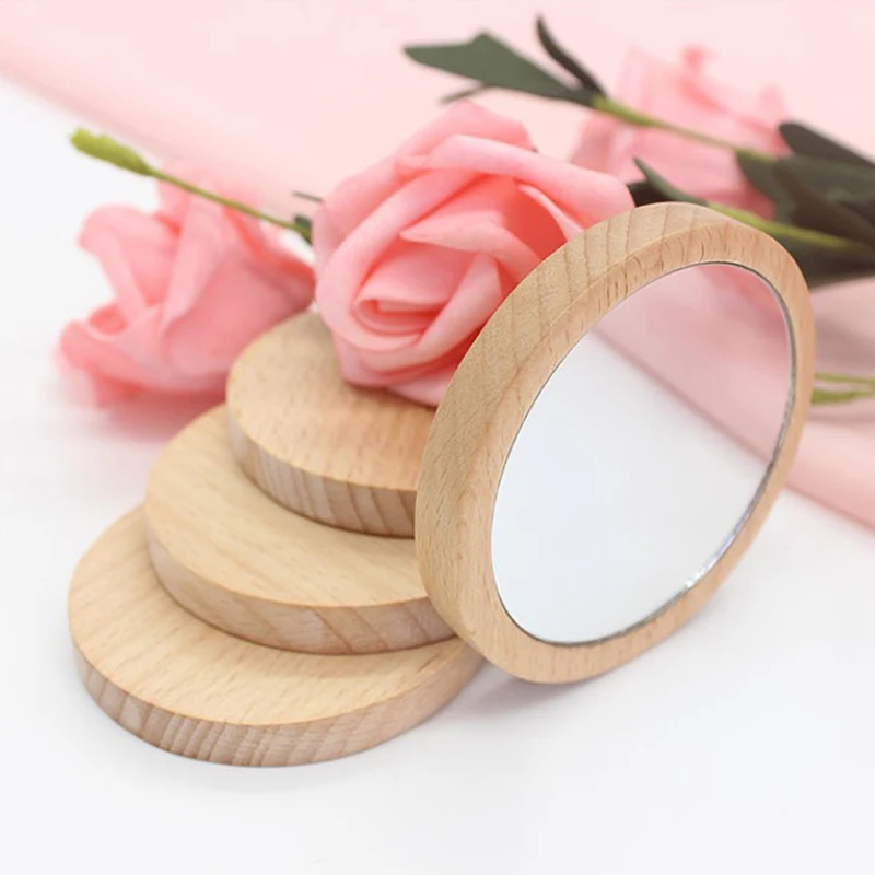 Miroir cosmétique rond en bois pour femmes, portable, tenu dans la main, vintage, maquillage, voyage