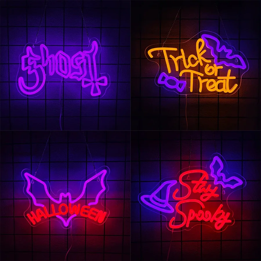 

Halloween Candy Bar Neon Sign for Home Decor Kawaii Room Handmade Usb Haunted Led Horror Bat Icon Accessories Powered Used Clubs