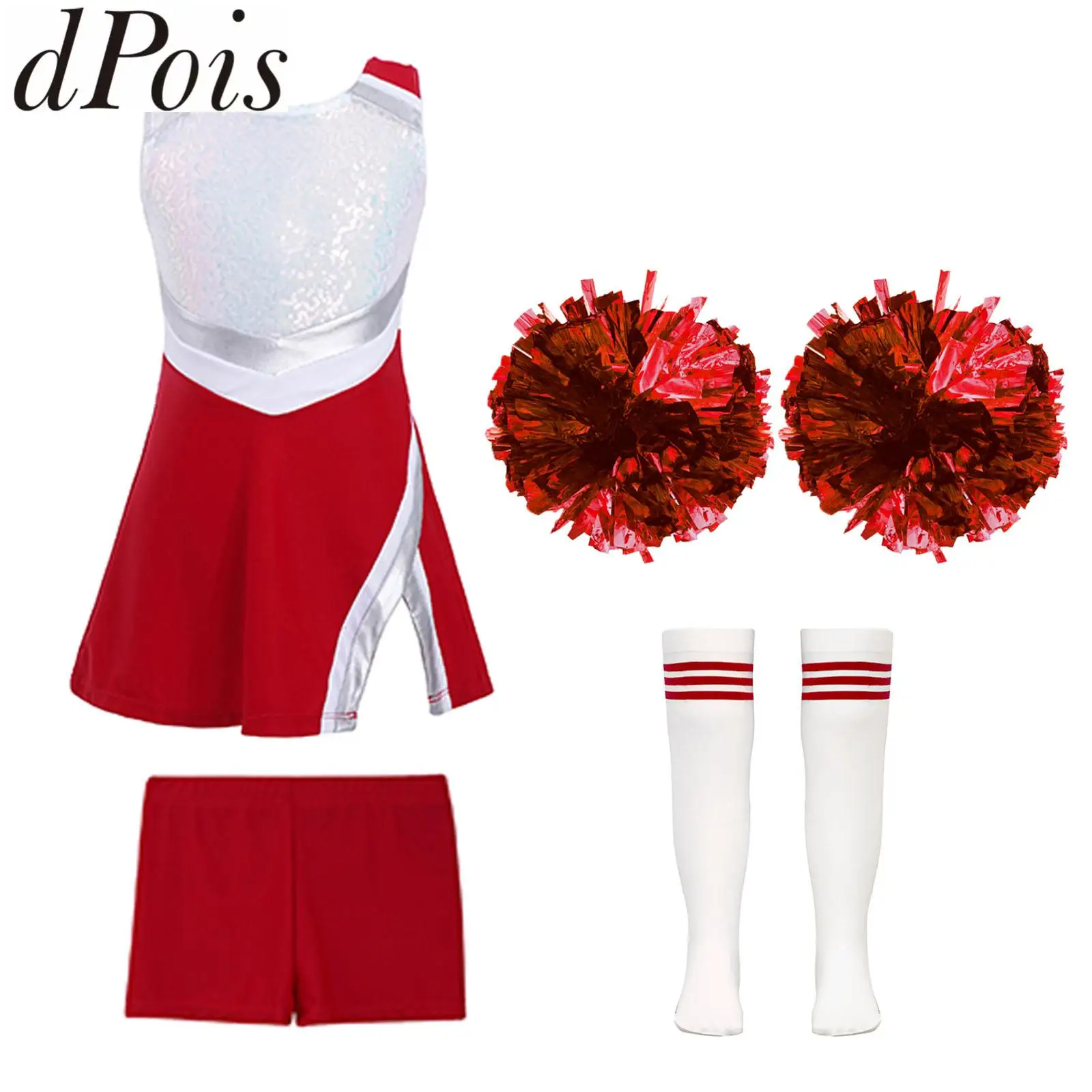 

Kid Girls Dance Outfit For Cheerleader Cheer Dancer Set Sleeveless Sequins Dress with Shorts Hand Flowers and Striped Tube Socks