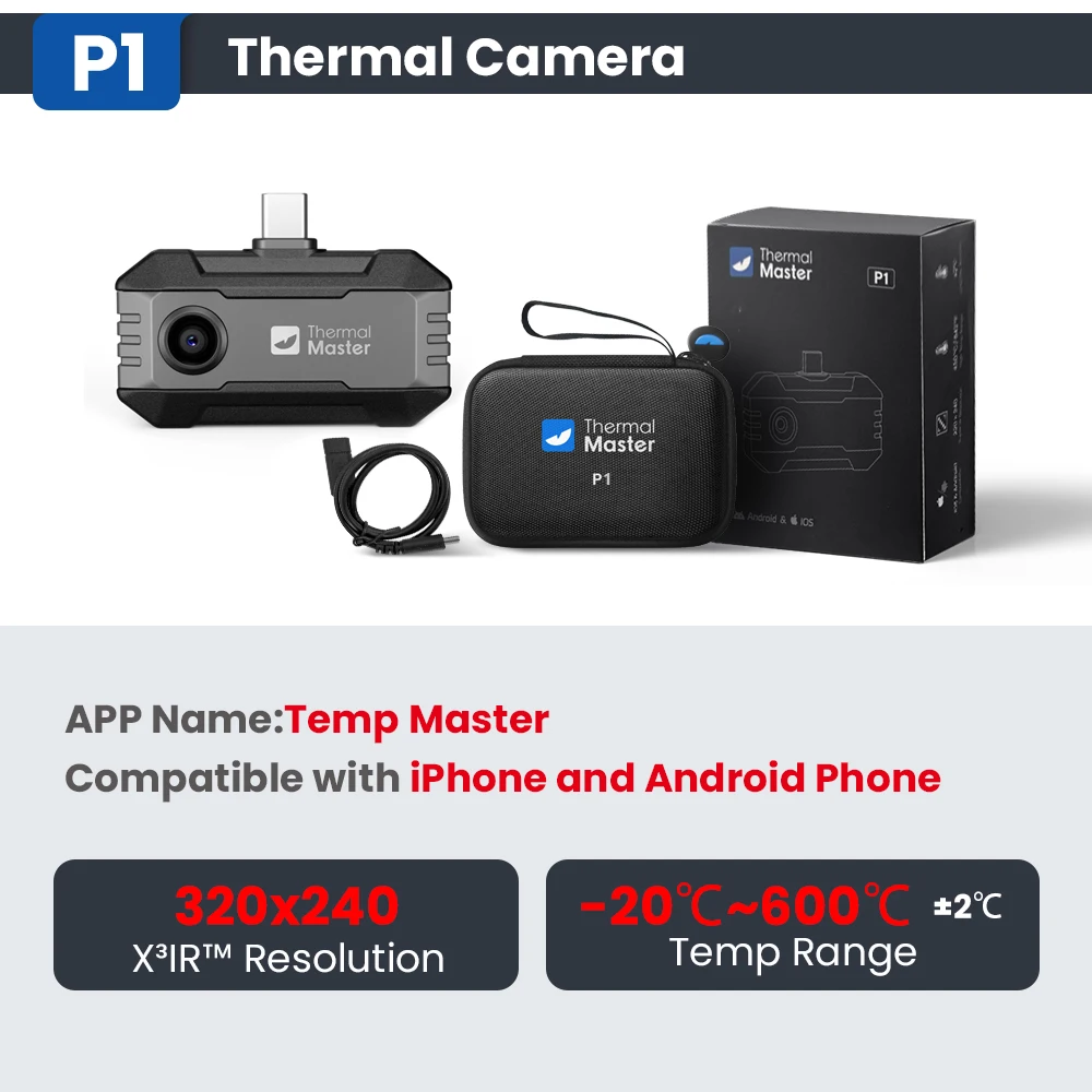 320 * 240 warmtebeeldcamera P1 voor iPhone en Android mobiele telefoon 600 ℃   HVAC Huisinspectie 15X Digitale Zoom