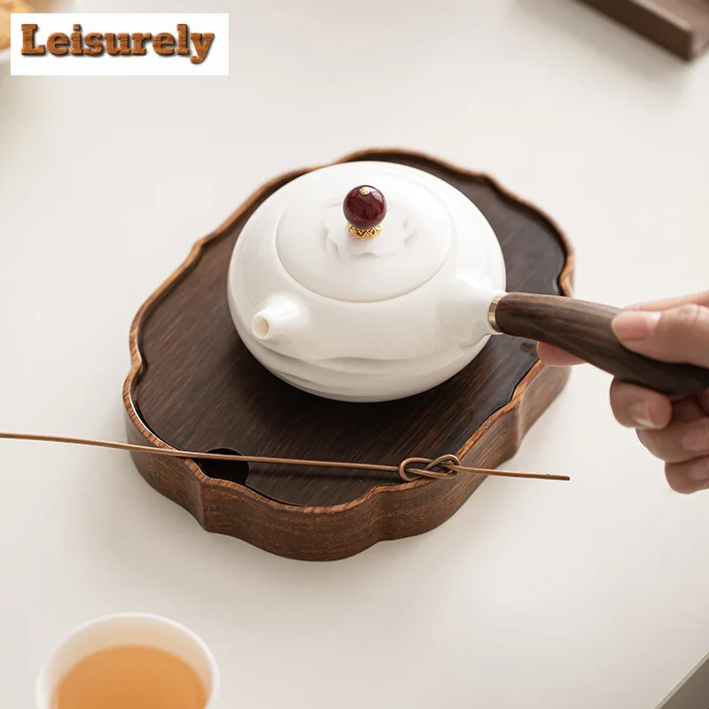 200ml Mutton-fat Jade Porcelain Side Handle Teapot Elegant Ink Far Mountain Pot Tea Brewing Kettle Chinese Tea Set Collection