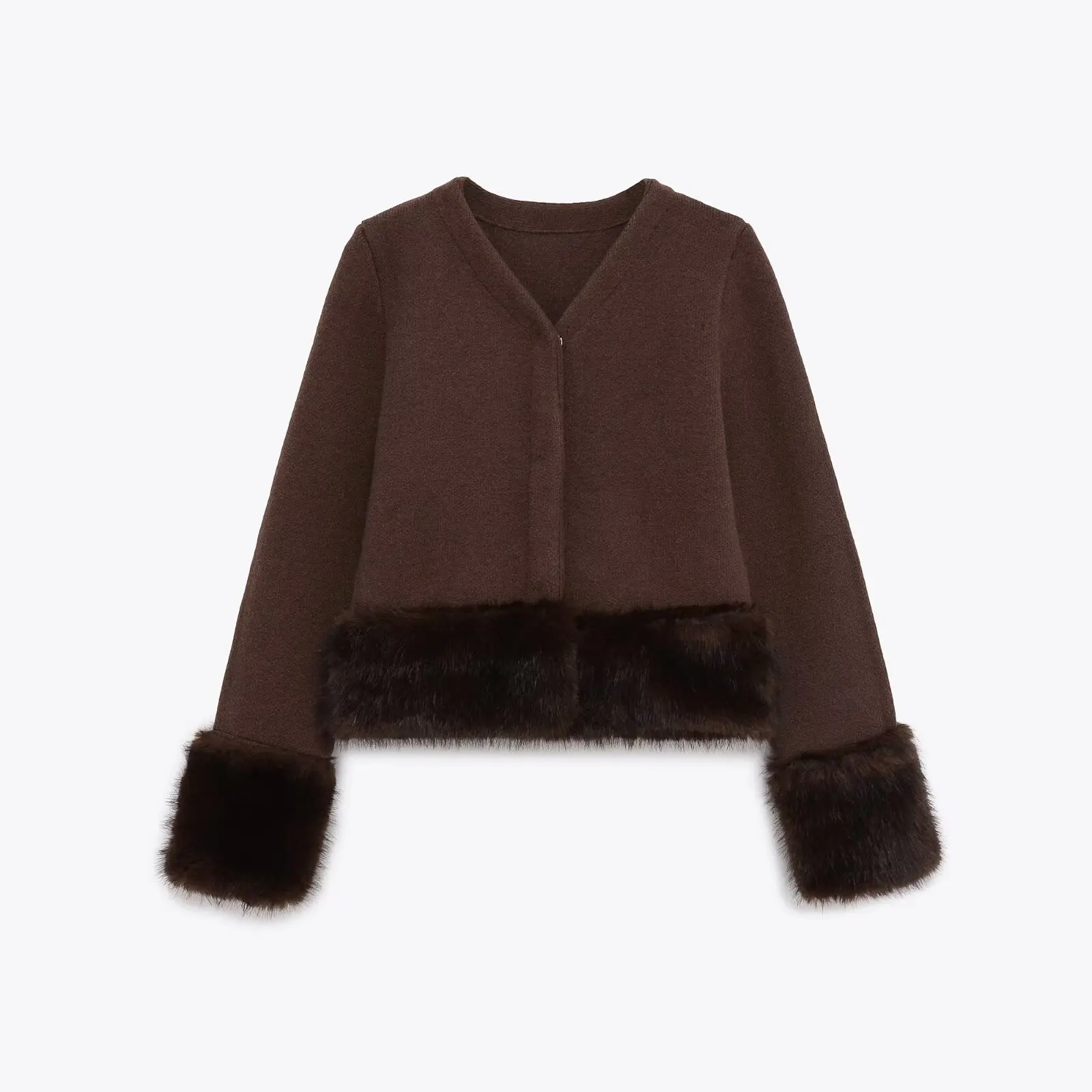 

Women's Patchwork Knit Cardigan Fall Winter Fashion Solid Color V-Neck Faux Fur Effect Coat Warm Fuzzy Sleeve Hidden Button Top