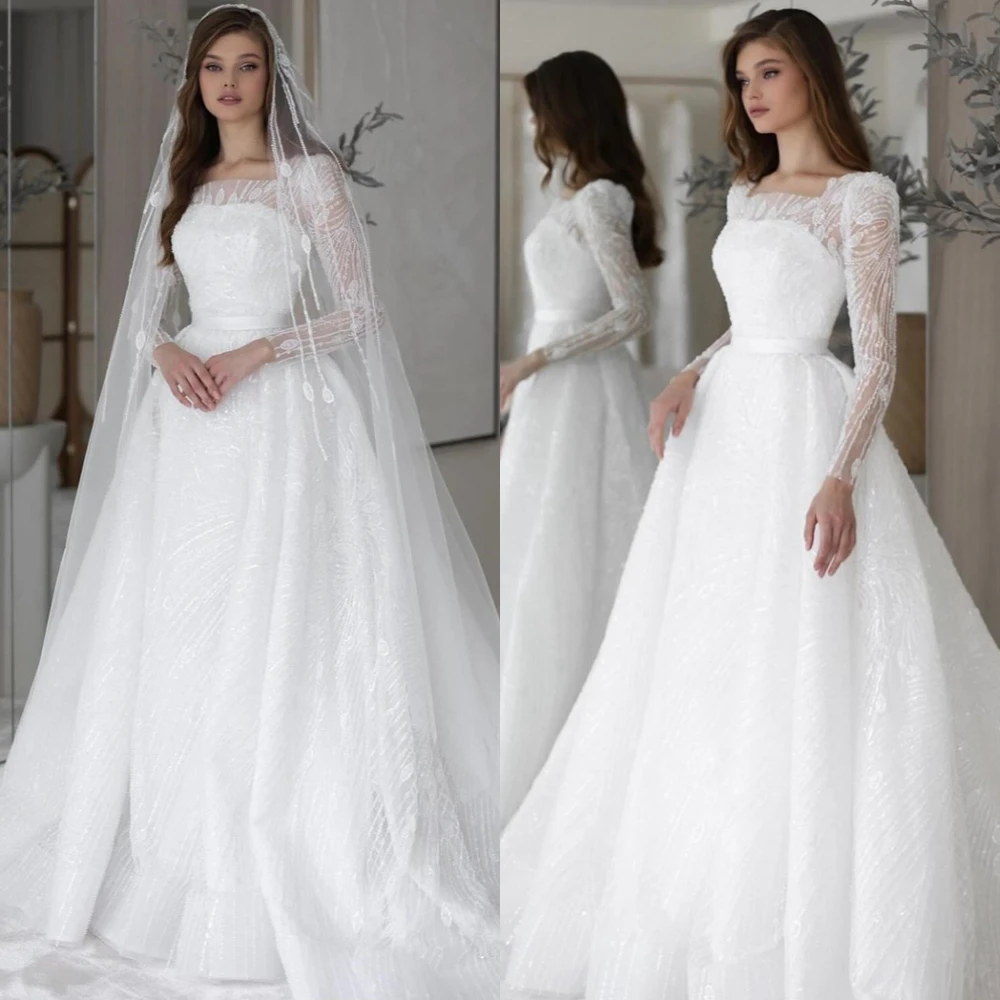 맞춤형 Organza 긴 소매 웨딩 드레스 반짝 이는 순수한 흰색 신부 가운 클래식 스퀘어 칼라 a 라인 Vestido De Novia