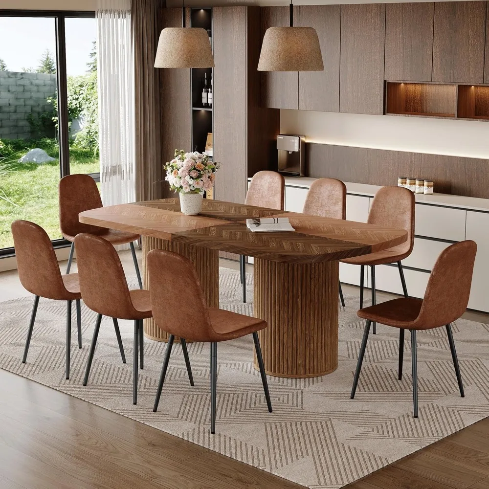 

79" Large Modern Rectangular Wood Dining Table Set for 8 – Upholstered PU Leather Chairs, Ideal for Family Dinners & Gatherings