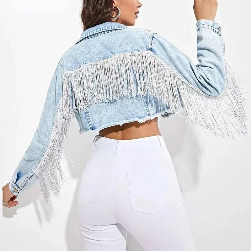 

Women's Denim Jackets Fringe Chic Streetwear Long Sleeve Tassel Cropped Jacket Casual Loose Y2k Harajuku Spring Autumn Coat Blue