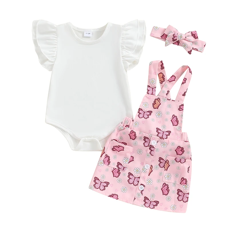 

Baby Girl 3 Piece Set Fly Sleeve Romper Butterfly Print Suspender Skirt with Pocket Headband for Summer