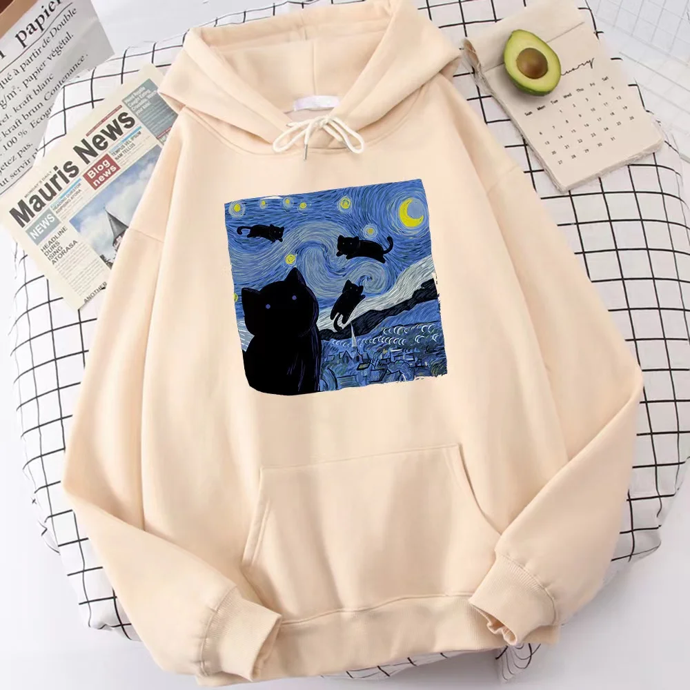 2024 New hooded hoodie men\'s and women\'s cat and Van Gogh star communication long-sleeved hoodie