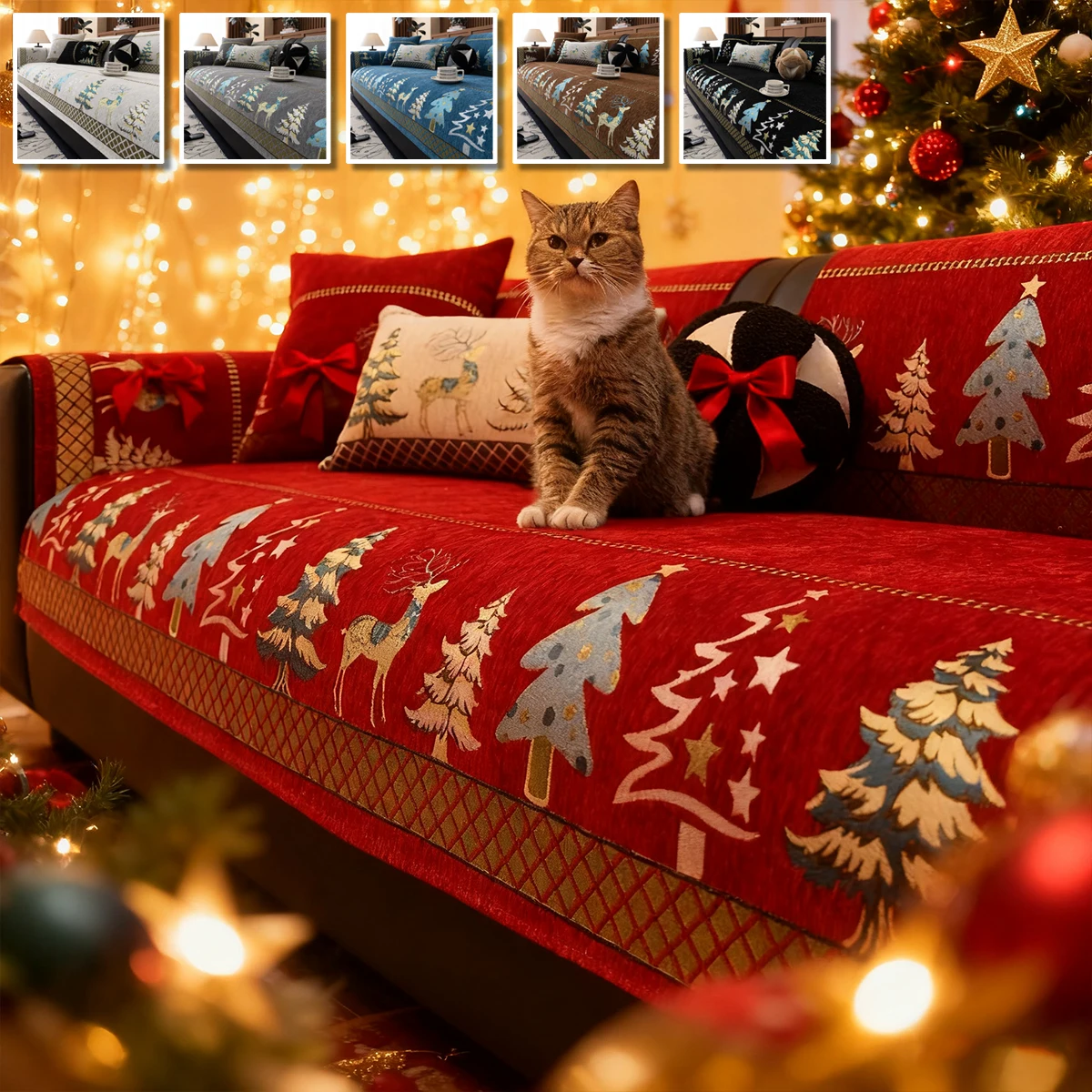 

1PC Red Christmas-Themed Chenille Sofa Cushions New All-Season Universal Sofa Cover Fabric Anti-Slip Sofa Covers Seat Cushions