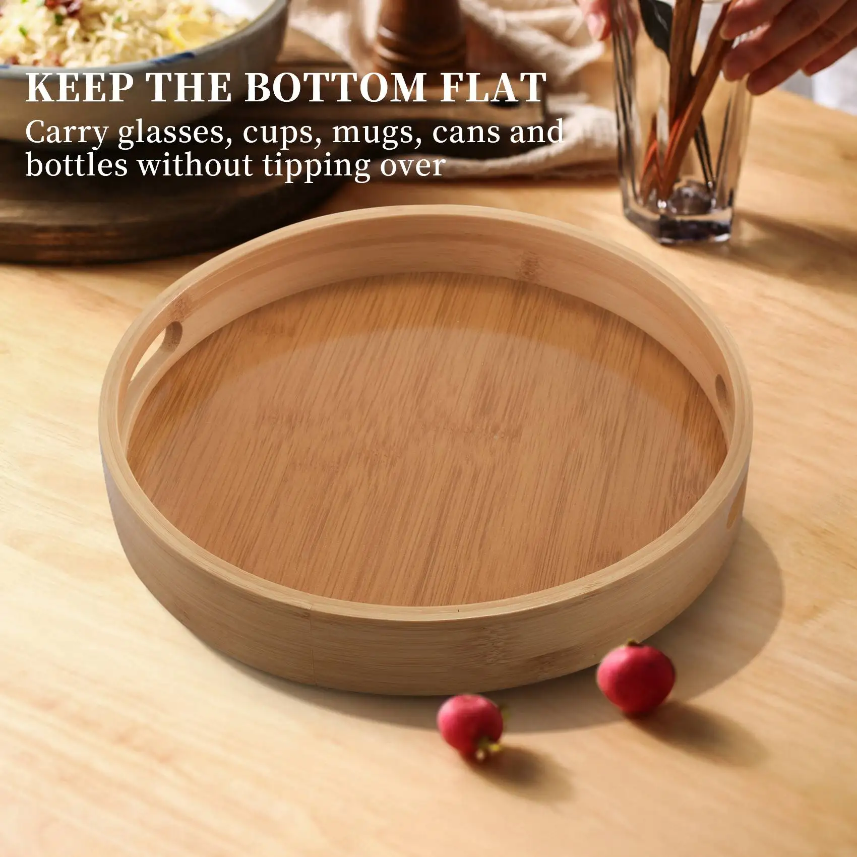 AEE4-Round Serving Bamboo Wooden Tray For Dinner Trays Tea Bar Breakfast Food Container Handle Storage Tray