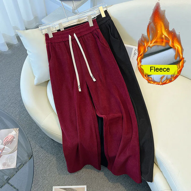 155Kg Plus Size Women's Hip 150 Winter Loose Fleece Straight Leg Pants Elastic Waist Guard Pants 5XL 6XL 7XL 8XL 9XL